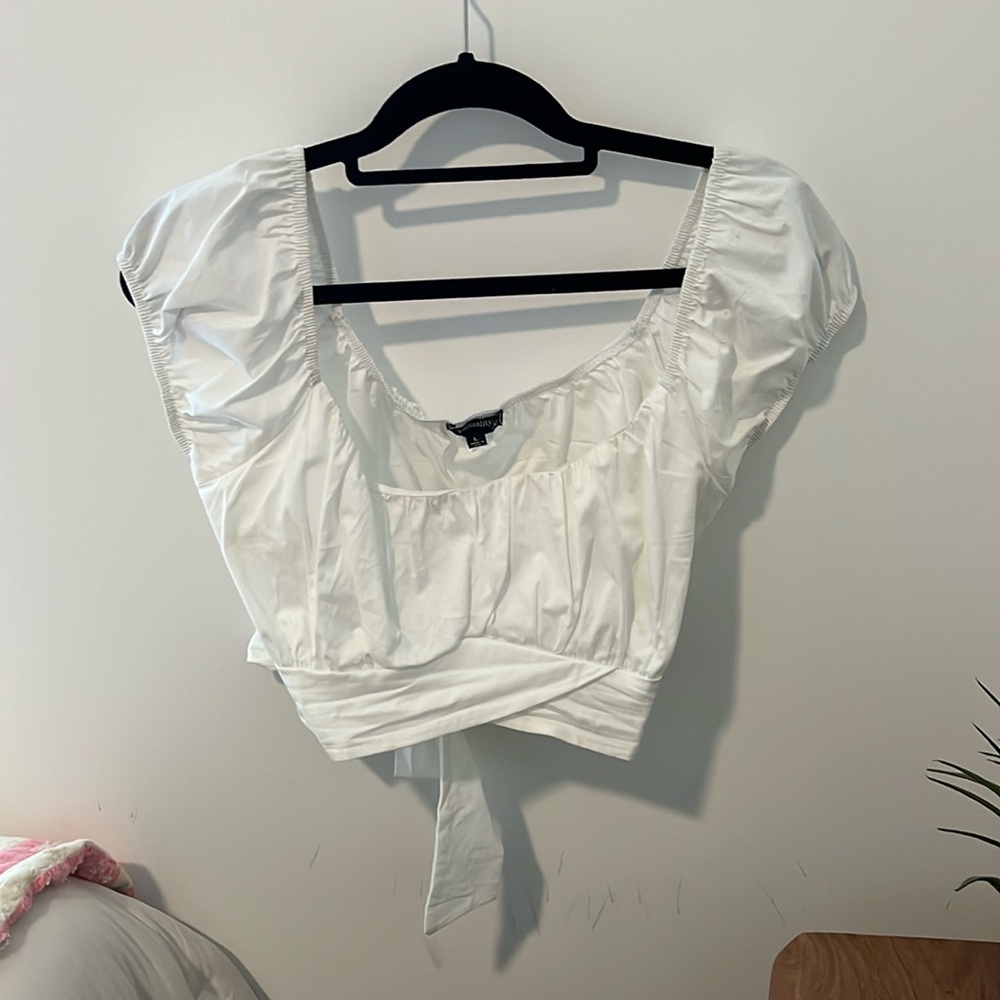 White dry goods crop top